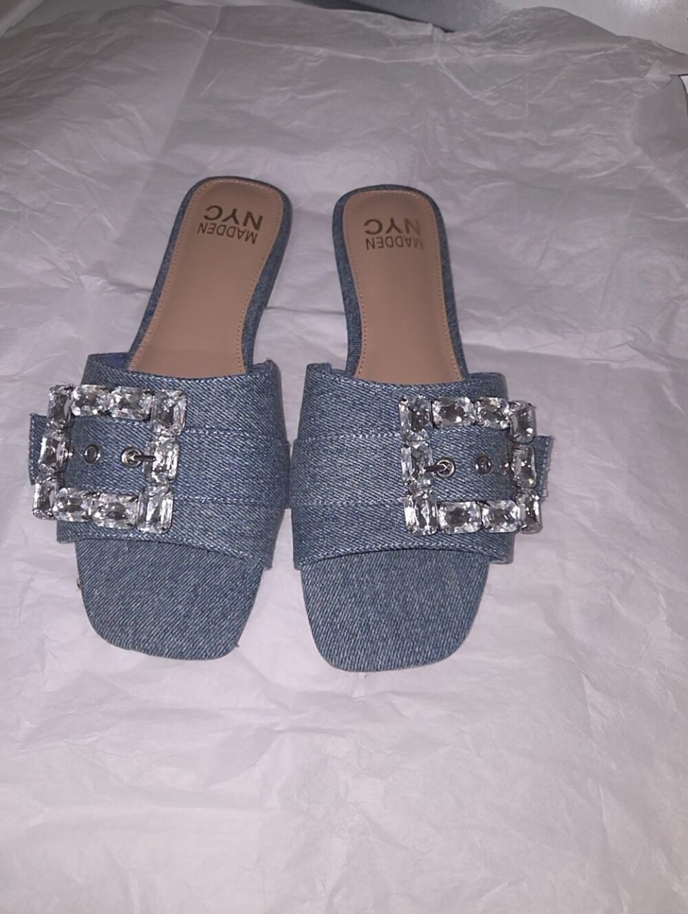 Denim Rhinestone Mules
